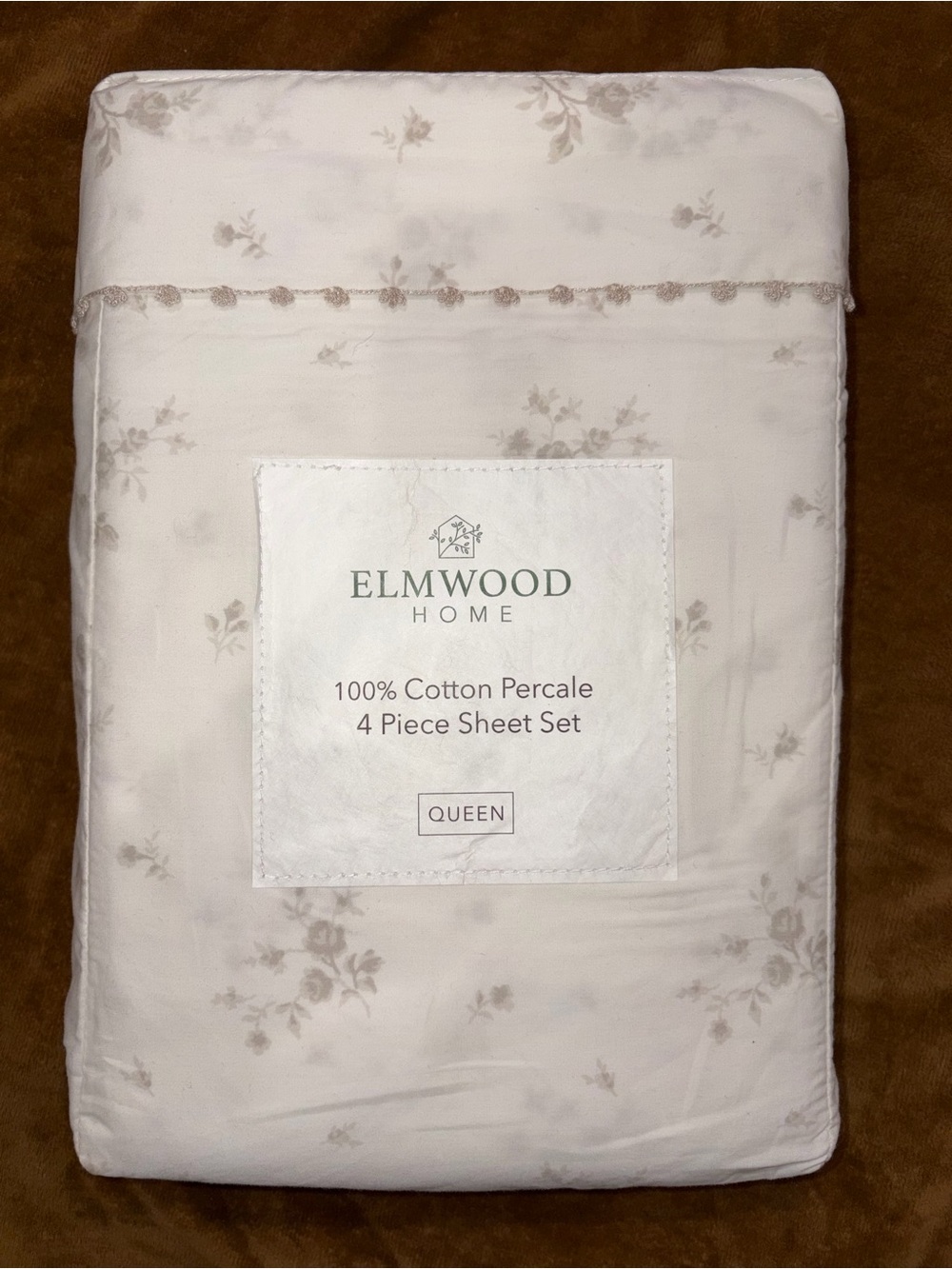 Elmwood Home Queen 4-Piece Cotton Percale Sheet Set in Soft Taupe Floral
